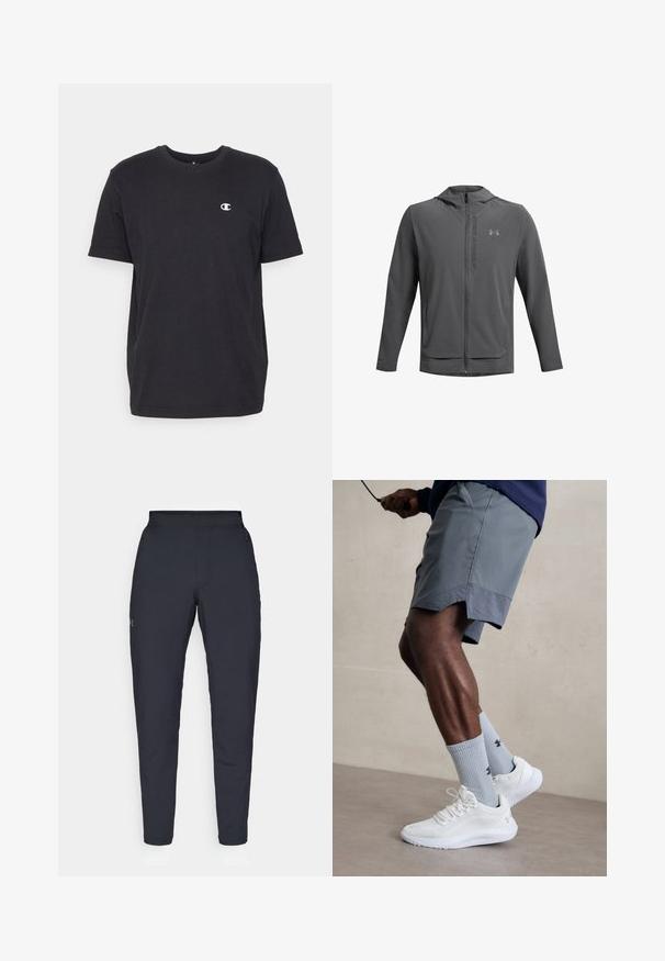 Šedá zipová bunda s kapucí, vyrobená z lehkého materiálu. Obsahuje logo Under Armour a dvě přední kapsy. Hladká textura, sportovní fit.; Champion CREWNECK - Jednoduché tričko - black; Černé sportovní kalhoty s hladkou texturou, slim fit, elastickým pasem a bočními kapsami. Na levém stehně je umístěno malé logo.; Bílé sportovní boty s texturovaným síťovaným svrškem, spárované se světle modrými pruhovanými ponožkami s logem. Šedé sportovní šortky s perforovaným lemem.
