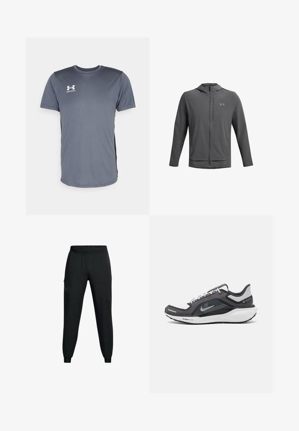 Šedá bunda na zips s kapucňou vyrobená z ľahkého materiálu. Obsahuje logo Under Armour a dve predné vrecká. Hladká textúra, atletický strih.; Sivý športový tričko s krátkymi rukávmi. Disponuje okrúhlym výstrihom a bielym logom Under Armour na prednej ľavej hrudi. Hladká textúra.; Čierne športové nohavice s elastickým pásom, zúženým strihom nohavíc, bočnými vreckami a kontrastnými panelmi. Ľahká, hladká látka.; Čierna a sivá športová obuv s vrchnou časťou z priedušného materiálu, reflexné akcenty a biely medzipodrážka. Obsahuje štruktúrovanú gumovú podrážku a šnúrky.