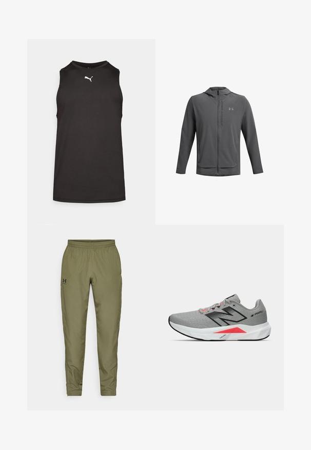 Pilkos spalvos užtrauktuku užsegamas džemperis su kapuci, pagamintas iš lengvos medžiagos. Yra "Under Armour" logotipas ir dvi priekinės kišenės. Lygus paviršius, sportiška forma.; Juodas be rankovių sportinis marškinėlis, pagamintas iš lygaus audinio, su apvaliu kaklo iškirpimu ir baltu logotipu ant krūtinės. Lengvas dizainas.; Alyvuogių spalvos sportiniai džinsai su elastinga juosta, siaurėjančiomis kojomis, glotnia tekstūra ir mažu juodu logotipu kairėje pusėje.; Pilkas sportinis batelis su tekstūruotu tinklo viršumi, juodais akcentais, rožiniais akcentais ir baltu paminkštintu padu, kuris pasižymi išskirtiniu trikampio dizainu.