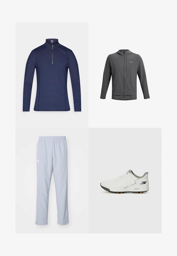 Gray zip-up jacket with a hood, made of lightweight material. Features Under Armour logo and two front pockets. Smooth texture, athletic fit.; Navy long-sleeve half-zip pullover in a smooth, stretch fabric. Features contrasting stitching and a high collar with a branded tag.; Light blue athletic pants with an elastic waistband, side pockets, and ankle zippers. Features a white logo on the left thigh.; White athletic shoe with a smooth upper, gray accents, and a textured black sole featuring orange spikes. Lightweight design focused on comfort.