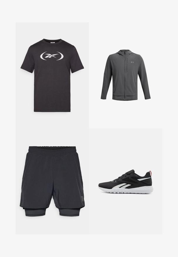 Hallharu tõmblukuga jakk, millel on kapuuts ja mis on valmistatud kerge materjali tõttu. Omab Under Armouri logo ja kahte esi-taskut. Sujuv tekstuur, sportlik lõige.; Must Black T-särk lühikeste varrukatega, mille keskel on suur valge logo. Klassikaline ringkaeluse disain sujuva tekstuuriga.; Mustad mustriga mustikud, millel on elastne vöökoht, kihiline disain ja liibuv sisemine vooder. Omab diskreetset logo alumises osas.; Mustad mustat spordijalatsid, millel on sissetõmmatav pealis, valged detailid, tekstureeritud talla ja punane kandmisosa lisadetailideks.