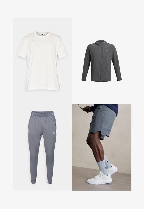 Pilkos spalvos užtrauktuku užsegamas džemperis su kapuci, pagamintas iš lengvos medžiagos. Yra "Under Armour" logotipas ir dvi priekinės kišenės. Lygus paviršius, sportiška forma.; Balta medvilnė marškinėliai su trumpomis rankovėmis, su įspaustu "Champion" logotipu ant krūtinės, apvaliu iškirpimu ir tiesiu hemu.; Pilkos sportinės kelnės su elastingu juosmeniu, šoninėmis kišenėmis ir baltais akcentais. Pagamintos iš lygios, lengvos medžiagos.; Balti sportiniai bateliai su tekstūruotu tinkleliu viršuje, derinami su šviesiai mėlynomis ribotomis kojinėmis su logotipu. Pilki sportiniai šortai su perforuota apdaila.