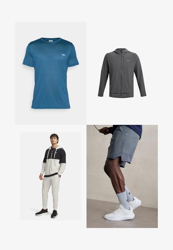 Pilkos spalvos užtrauktuku užsegamas džemperis su kapuci, pagamintas iš lengvos medžiagos. Yra "Under Armour" logotipas ir dvi priekinės kišenės. Lygus paviršius, sportiška forma.; Mėlynas, trumpomis rankovėmis sportinis marškinėliai su tekstūruota medžiaga ir apvaliu kaklu; ant viršutinio kairiojo šono yra mažas logotipas.; Juodas ir baltas sportinis kūno jakas su užtrauktuku; derinamas su baltais bėgimo kelnėmis su kišenėmis ir elastiniais rankogaliais; juodi sportiniai batai.; Balti sportiniai bateliai su tekstūruotu tinkleliu viršuje, derinami su šviesiai mėlynomis ribotomis kojinėmis su logotipu. Pilki sportiniai šortai su perforuota apdaila.