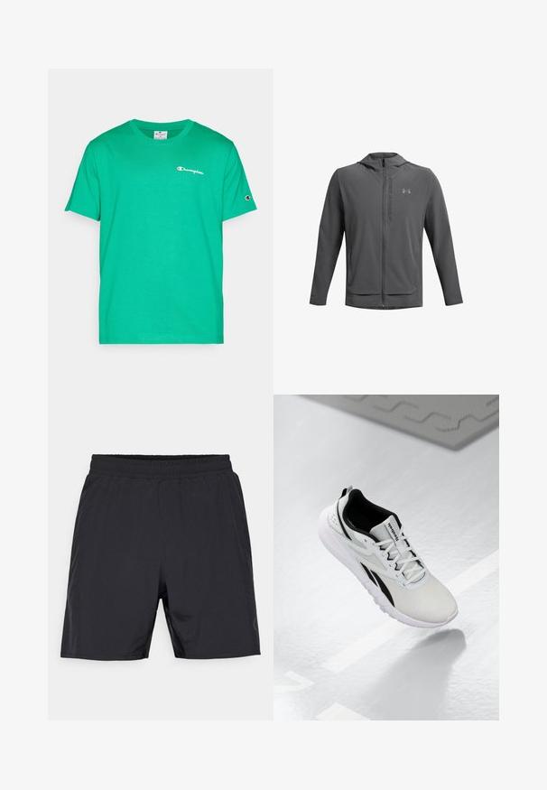 Siva jakna na zadrgo s kapuco, izdelana iz lahkotnega materiala. Opremljena z logotipom Under Armour in dvema sprednjima žepoma. Gladka tekstura, športni kroj.; Zeleni bombažni majica s kratkimi rokavi, ki v središču prikazuje majhen bel in rdeč logotip Champion ter logotip na rokavu.; Črne športne kratke hlače z elastikastim pasom in stranskimi žepi, zasnovane za udobje in aktivno nošnjo.; Svetlo sivi atletski čevljek z črnimi poudarki, teksturirano mrežasto zgornje posodje, oblazinjen podplat in vezalni sistem. Ima zanko za poteg na peti.