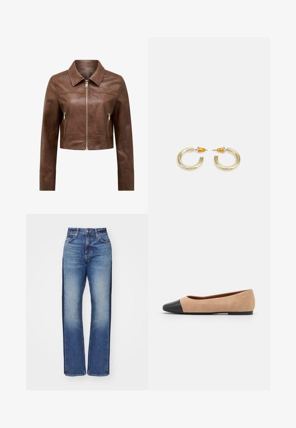 Chaqueta de cuero marrón cortada con collar puntiagudo, cierre frontal de cremallera y dos bolsillos laterales con cremallera vertical.; Dos camisetas sin mangas en negro y blanco, hechas de algodón acanalado, con escote redondo y un diseño ajustado. Etiquetas visibles en ambas.; Jeans de talle alto en azul con un acabado deslavado, con paneles laterales oscuros y un diseño de pierna recta. Fabricados en denim con costuras estándar.; Bailarina de ante beige con una puntera redondeada de cuero negro, tacón bajo y textura suave, que presenta costuras mínimas y un diseño limpio.; Pendientes de aro en tono dorado con una forma suave y redondeada y un acabado pulido. Presentan acentos naranjas en la parte trasera para un ajuste seguro.