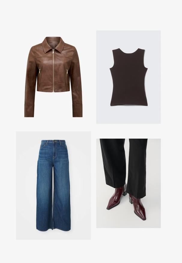 Hnědá zkrácená kožená bunda s špičatým límcem, předním zipem a dvěma vertikálními bočními kapsami na zip.; Bezramenný tmavě hnědý top vyrobený z měkké tkaniny. Má kulatý výstřih a hladkou texturu, bez viditelných vzorů nebo akcentů.; Modré denimové kalhoty s vysokým pasem a širokými nohavicemi, s předními kapsami, poutky na pásek, zapínáním na knoflík a viditelným švem na bílém pozadí.; Burgundské lakované kozačky po kotníky s špičatou špičkou, masivním podpatkem a texturovaným povrchem, kombinované s černými širokými kalhotami.