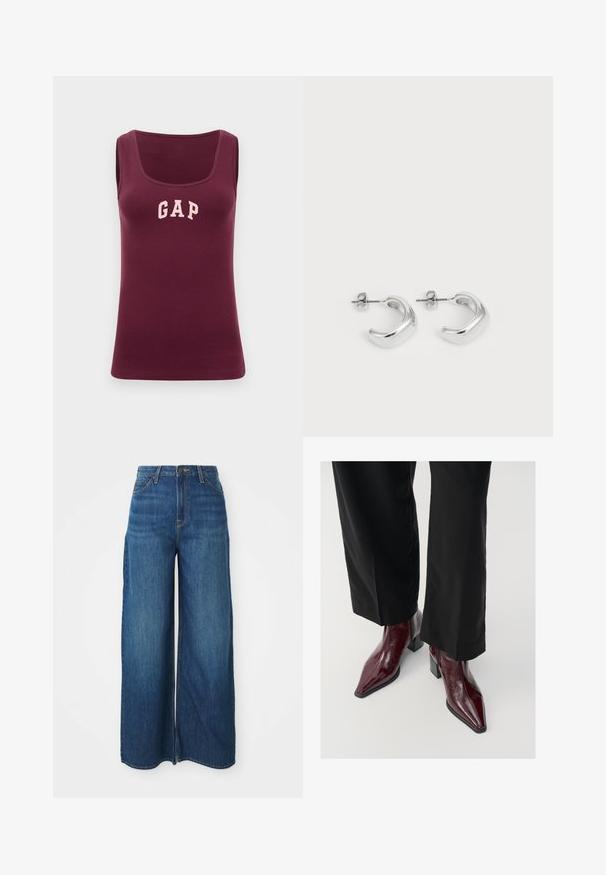 Ruskea lyhyt nahkatakki, jossa on terävä kaulus, edessä vetoketjusuljenta ja kaksi pystysuoraa vetoketjullista sivutaskua.; Burgundin tank top, jossa on tiukka muotoilu, ribbitekstuuri ja vaaleanpunainen "GAP"-logo etupuolella. Tank topissa on pyöreä kaula-aukkko ja se on ilman hihoja.; Korkea vyötärö laaja reisinen sininen farkkuhousut, joissa etutaskut, vyölenkit, napitus ja näkyvät tikkausvalot valkoisella taustalla.; Burgundy ki patta jutoan de aalu dekhaun wale ikhyaab metallic puri aundu te kalli kadee pant tiyang diyan chajh ki te jugi hoyi bun ghar ki thegel bnaoun.; Hope hopea, joissa on sileä ja kiillotettu pinta. Pyöreä muoto, jossa on hieman kaareva muotoilu ja sulautuvat reunat. Pinni kiinnitys.