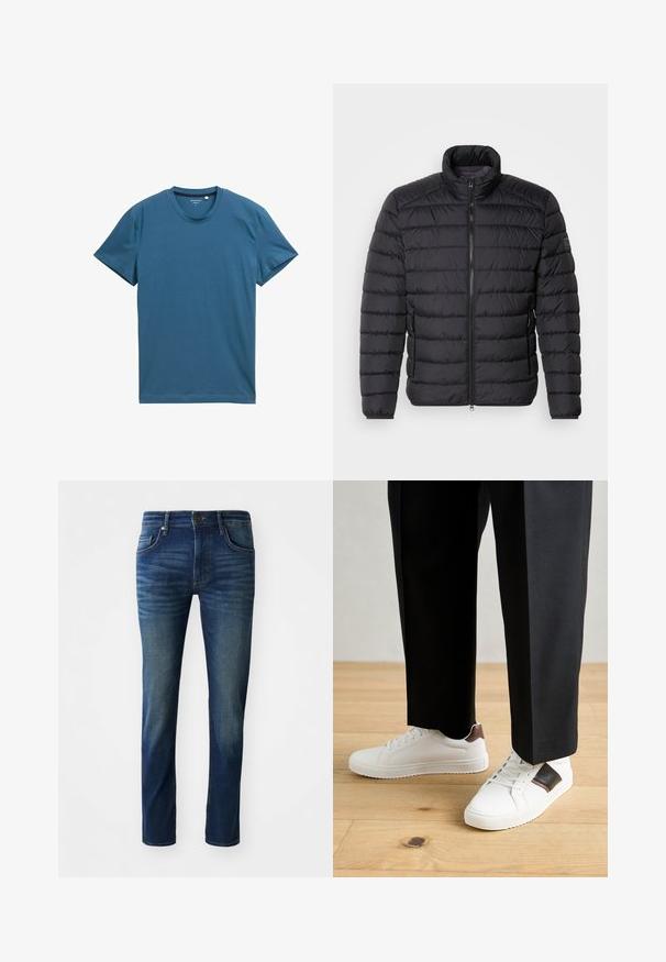 Mustmust hõlmadega must puffer jakk, horisontaalse tikandimustriga, ees lukuga sulgemine ja küljetaskud. Sile kangast tekstuur.; Lühikese varrukaga t-särk sügavas türkiissinises, pehmest puuvillasest. Omab ümmargust kaelust ja sileda, ühtlase tekstuuri koos lihtsate õmblusdetailidega.; Tumedat sinised denim püksid kitsas lõikes, viie taskuga, ees nööbiga sulgemine ning jalgadel õrnalt tuhm tekstuur.; Valged sneakersid siledat tekstuurist, millel on pruunad nahast detailid ja mustad aksessuaarid, millele on sobitatud mustad kohandatud püksid. Puitpõranda taust.