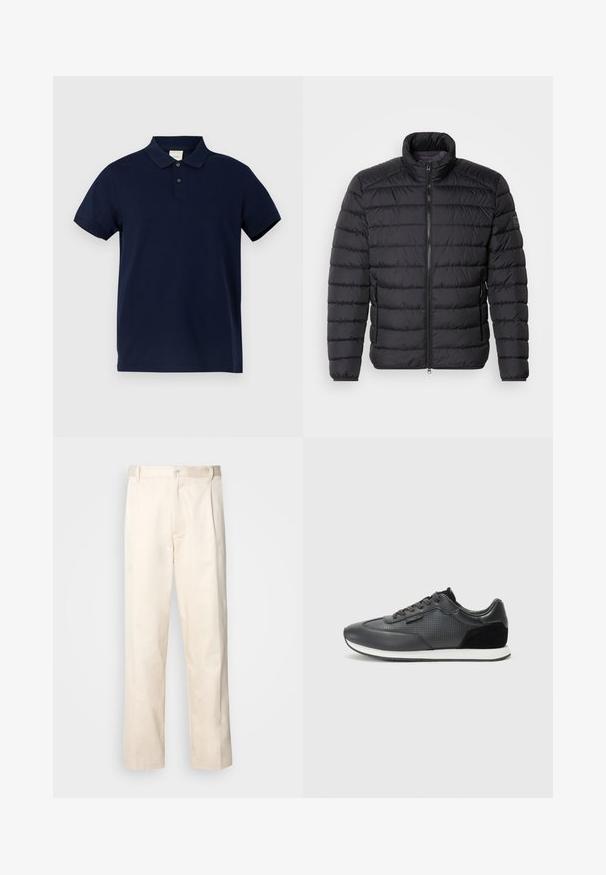 Casaco puffer preto com gola alta, padrão acolchoado horizontal, fecho frontal com zíper e bolsos laterais. Textura de tecido suave.; Polo shirt azul-marinho feito de algodão, com gola clássica, placket de três botões e mangas curtas. Logótipo discreto no peito.; Calças de algodão bege com corte reto, apresentando um fecho de botão e pregas na frente para um detalhe adicional.; Sapatilhas atléticas negras com parte superior em couro com detalhes perfurados, acabamentos em camurça e sola de borracha branca. Design clássico com atacadores.