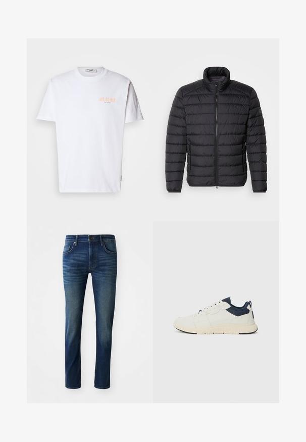 Sort dunjakke med høj krave, vandret quiltet mønster, lynlås lukning foran og sidelommer. Glat stofstruktur.; Hvid bomulds T-shirt med korte ærmer, med "ANTICO BAR" trykt i lyse orange på venstre bryst og en rund halsudskæring.; Mørkeblå denim jeans med slim fit, har fem lommer, en frontlukning med knap og en subtil falmet tekstur på benene.; Sneakers med en hvid syntetisk overdel, marineblå stofdetaljer, tekstureret sål og snørebåndslukning. Rund tå og bageste løftestang.