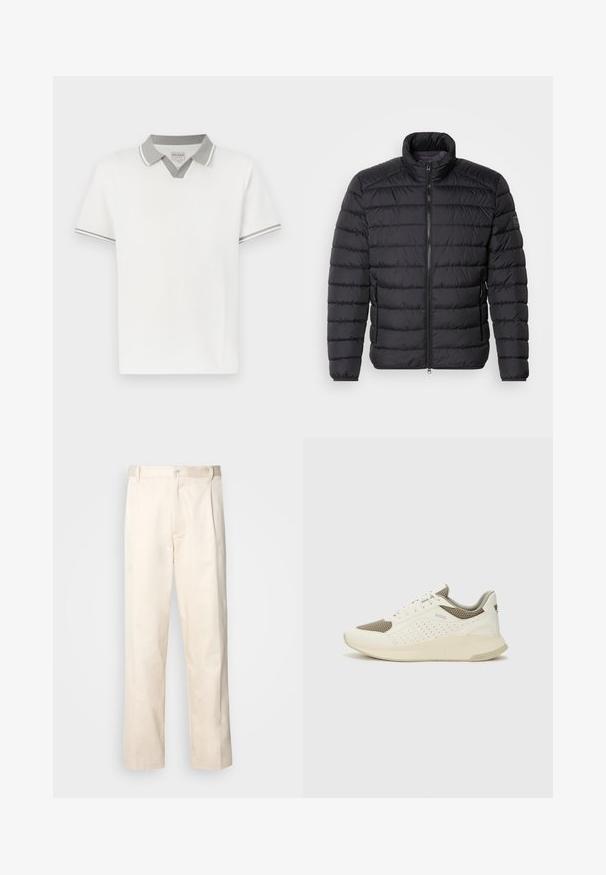 Juodas pūkinis bleizeris su aukštu apykakle, horizontaliu siuvinėjimu, priekiniais užtrauktukais ir šoniniais kišeniais. Lygus audinio paviršius.; Baltas trumpas rankovėmis polo marškinėliai su šviesiai pilku apykaklės ir rankovių apvadu, papildyti V-formos detalėmis po apykakle ir mažu prekės ženklo etikete viduje.; Bežinės medvilninės kelnės su tiesiu kirpimu, turinčios mygtuko uždarymą ir priekyje raukšles papildomai dekoratyviam akcentui.; Baltas ir šviesiai bežinis sportinis kedas, su tinklo viršumi, perforuotais detalėmis ir tekstūruotu tarpine su logotipu ant kulno.