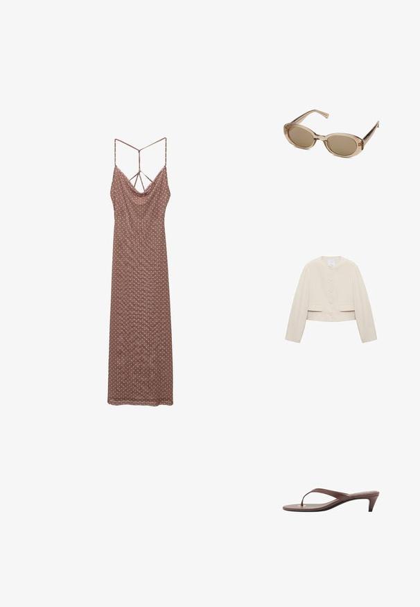Zkrácená bunda v béžovém materiálu; kulatý výstřih, přední zapínání na šest knoflíků, dvě přední kapsy, dlouhé rukávy, minimalistický design.; Hnědá šaty s puntíky, s volným výstřihem, tenkými ramínky a designem odhaleného zadního dílu, vyrobené z lehkého materiálu.; Hnědé sandály s podpatkem a tenkým páskem, zaoblenou špičkou a malým zlatým akcentem na stélce.; Sluneční brýle s průhledným béžovým rámem, oválnými čočkami a štíhlými spolkami. Mají světle hnědé tónované čočky a minimální branding.; Béžová nylonová taška přes rameno s jemnou texturou, nařasenými strany a nastavitelním popruhem. Má zipové zapínání a decentní logo.