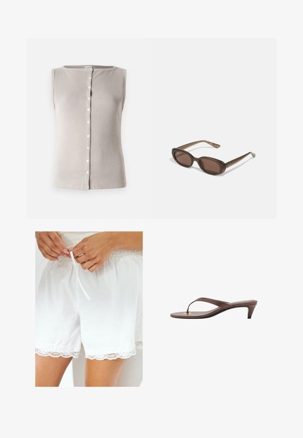 Kratka jakna iz bež tkanine; okrogla izrez, sprednje zapiranje na gumb z šestimi gumbi, dva sprednja žepa, dolgi rokavi, minimalističen dizajn.; Svetlo siva brezrokavnica iz brušene tkanine, z okroglim izrezom in gumbom spredaj z belimi gumbi.; Bela bombažna kratka hlače z elastičnim pasom in vrvico, z čipkastim robom za dodaten poudarek.; Rjava natikača na peto s tankim trakom in zaobljenim prstom, ki ima majhen zlat poudarek na podplatu.; Rjave ovalne sončne naočare s temnimi lečami. Obloge so narejene iz prozorne rjave materiale in imajo na templjih natisnjeno logo.; Torba iz bež sued kožne teksture z dvema dolgima ročajema, pravokotne oblike in okrasnim šivanjem. Ima stranski trak in subtilne zlate detajle.