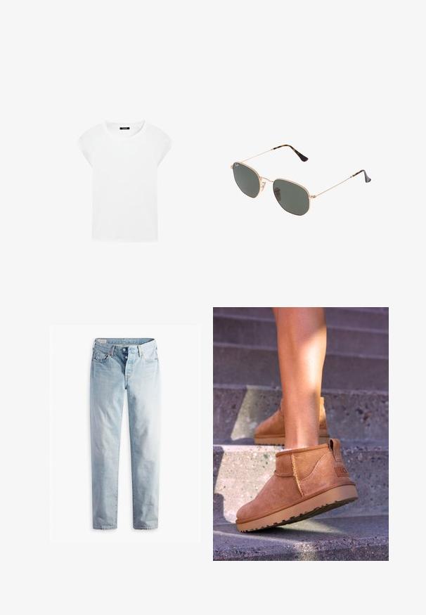 Beskåret jakke i beige stof; rund halsudskæring, frontlukning med seks knapper, to frontlommer, lange ærmer, minimalistisk design.; Hvid t-shirt med korte ærmer lavet af blødt bomuld, med rund halsudskæring og raglan ærmer, der har et afslappet, lige snit uden mønstre.; Lys blå denimjeans med lige pasform, to frontlommer og to baglommer. Inkluderer to-knaps lynlås og subtil syning.; Tan ruskind ankelstøvler med en blød tekstur, stikninger og en gummisål, der har en løkkehælkappe for nem på- og aftagning.; Guldmetallisk brille med mørkegrønne linser, aviator-stil, med slanke arme og skildpadde-mønstrede detaljer på spidserne.; Lauren Ralph Lauren PEBBLED LEATHER SMALL TANNER SATCHEL - Håndtasker - camel