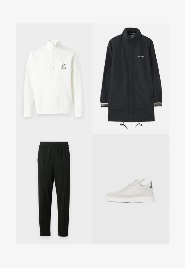 Giacca impermeabile blu con colletto alto, bottoni a pressione, due tasche frontali e polsini a righe. Coulisse regolabile all'orlo. Logo testuale sul petto.; Felpa bianca con zip al collo realizzata in tessuto morbido. Presenta un piccolo logo marrone sul lato sinistro del petto e orli e polsini a coste.; Pantaloni neri realizzati in un tessuto liscio; presentano una vita elasticizzata, tasche laterali e un design a gamba affusolata. Minimalisti e in un colore solido.; Sneaker bianche in pelle con dettagli in suede grigio, design con lacci, bollino per il tallone e suola in gomma testurizzata caratterizzata da un motivo a zigzag.