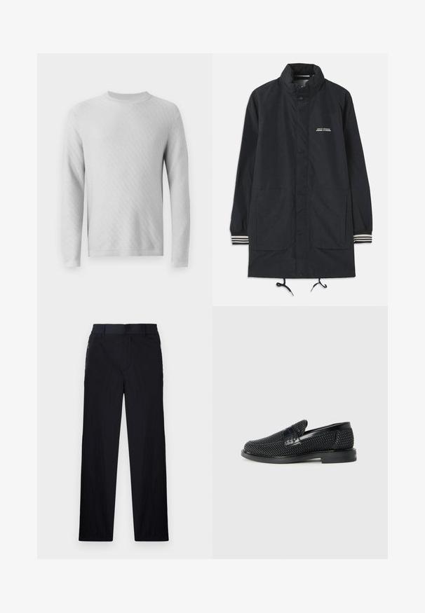 Jūras zila ūdensnecaurlaidīga jaka ar augstu apkakli, spiedpogu aizdari, divām priekšējām kabatām un svītrainiem aprocēm. Regulējams saites aizdare apakšmalā. Teksta logos uz krūšu.; Gai pelēks adīts džemperis ar apaļu kakla izgriezumu, garām piedurknēm un teksturētu, diognālu rakstu visā audumā.; Melni bikses ar vieglu, teksturētu audumu, taisnu kāju dizainu, elastīgu jostu un sānu rāvējslēdzēju kabatām.; Melnas austas slaidu kurpes ar gludu ādas akcentu augšpusē, apaļas formas purngalu un zemas profila gumijas zoli.