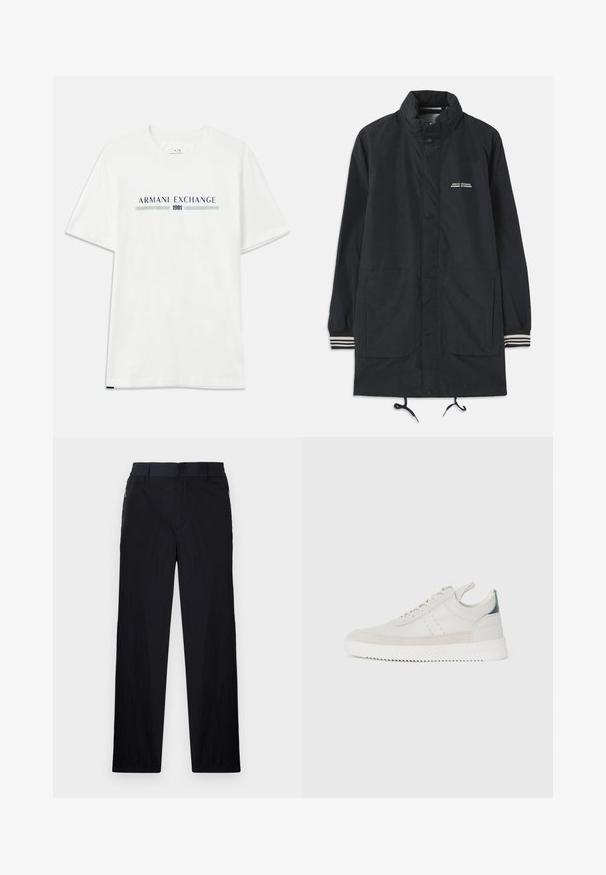 Tamsiai mėlyna vandeniui atspari striukė su aukštu kaklu, užtraukiamais mygtukais, dviem priekinėmis kišenėmis ir dryžuotais rankogaliais. Reguliuojama raištelių sistema apačioje. Teksto logotipas ant krūtinės.; Balta medvilninė marškinėliai trumpomis rankovėmis, su mėlyna ir žalia "ARMANI EXCHANGE" logotipu ir "1991" užrašu centre.; Juodos kelnės, pagamintos iš lengvos tekstūruotos medžiagos, tiesaus silueto, su elastingu juosmeniu ir šoniniais užtrauktukų kišenėmis.; Balti odiniai sportbačiai su pilkais zomšos akcentais, su raišteliais, su traukimo juostele ir tekstūruota guma, kurioje matomas zigzago raštas.