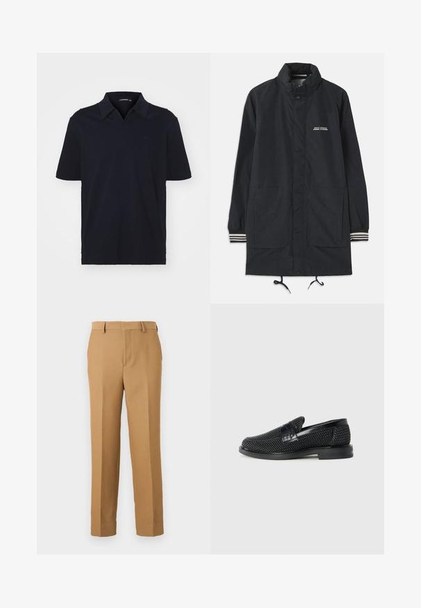 Merijacketti, joka on vedenpitävä ja korkealla kauluksella, napinappulalla, kahdella etutaskulla ja raitavarressa. Säätönyöri helman kireydelle. Tekstilogoselkämyksessä.; Laivastonsininen lyhythihainen polo-paita, joka on valmistettu puuvillasta. Paita sisältää klassisen kauluksen ja hienovaraisen logon rinnassa. Pehmeä pinta, normaali malli.; Beige dressipüksid, mis on valmistatud kudumiskangast, omavad sirget lõiget, lapikut esiosa ja vöökohapritsmeid. Sile tekstuur ilma nähtavate mustriteta.; Musta kudottu liukupohjallinen kenka, jossa on sileä nahkakorostus päällisessä, pyöreä kärki ja matala kumipohja.