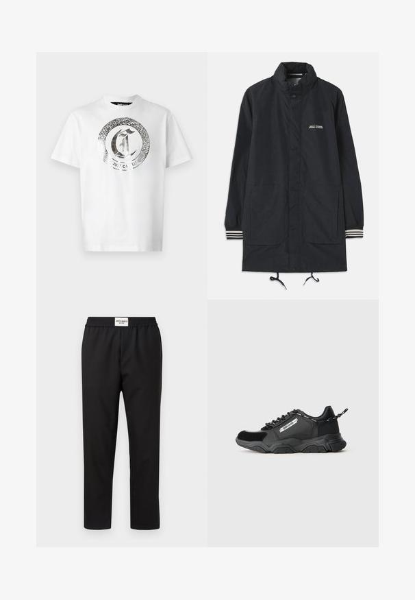 Jūras zila ūdensnecaurlaidīga jaka ar augstu apkakli, spiedpogu aizdari, divām priekšējām kabatām un svītrainiem aprocēm. Regulējams saites aizdare apakšmalā. Teksta logos uz krūšu.; Balta kokvilnas T -krekls ar lielu sudraba apļa grafiku, kurā attēlota čūska un teksts "JUST CAVALLI" centra. Īsas piedurknes, apļa kakla izgriezums.; Melni bikses ar elastīgu jostu. Izgatavotas no gludas, vieglas auduma. Ar taisnas kājas dizainu un minimālu dekoru.; Melnas sportiskas kedas ar biezu zoli, maisīti materiāli, ar zīmola blakus paneli, saistoša aizdare un ar zīmolu identifikācijas cilpa uz papēža.