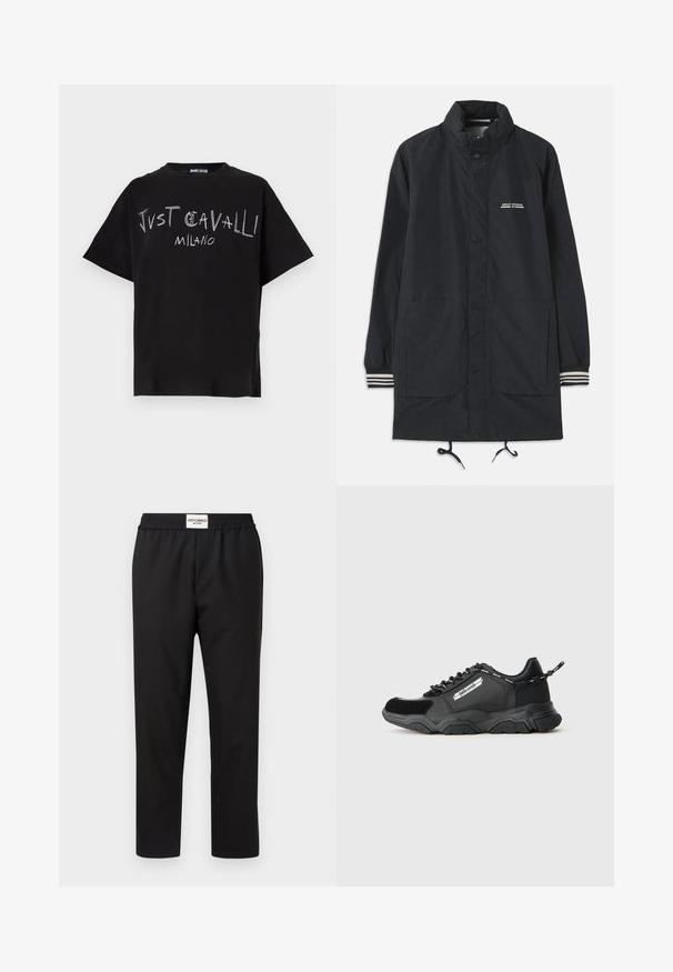 Merijacketti, joka on vedenpitävä ja korkealla kauluksella, napinappulalla, kahdella etutaskulla ja raitavarressa. Säätönyöri helman kireydelle. Tekstilogoselkämyksessä.; Musta puuvillapaita rentolla leikkuulla, etupuolella valkoisella printatulla tekstillä "JUST CAVALLI MILANO", pyöreä pääntie ja lyhyet hihat.; Mustat housut, joissa on joustava vyötärö. Valmistettu lasten kevyestä ja sileästä kankaasta. Ominaisuudet suora lahjemuoto ja minimaalinen yksityiskohtaisuus.; Musta urheilullinen tennari paksulla pohjalla, sekamateriaaleista valmistettu, brändätty sivupaneeli, nauhakiinnitys ja brändätty lenkki kantapäässä.