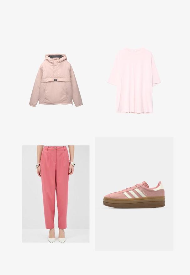 Lyserød hættetrøje lavet af glat stof, med en frontlomme, justerbare snore og en lynlåskrave.; Lyserød oversized T-shirt lavet af blød bomuld. Rund halsudskæring, korte ærmer og en lidt længere baghæng. Ingen synlige mønstre eller accenter.; Rosa skræddersyede bukser med frontfolder og knaplukning, i en løs pasform og med lommer. Kombineret med hvide spidse hæle.; adidas Originals GAZELLE BOLD - Sneakers - mauve/off white