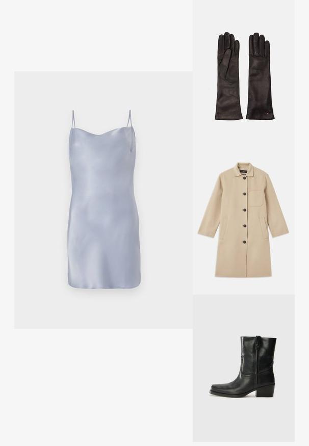 Beige gyapjúkabát hosszú ujjal, gombos záródással, egy mellzsebbel és két oldalsó zsebbel. Texturált anyag és kerek nyakdizájn.; Világoskék selyem ruha vékony állítható pántokkal, sima, letisztult textúrával és egyszerű sziluettel.; Fekete bőr bokacsizma lekerekített orral, blokk sarkúval, oldalsó cipzárral és varrásos díszítéssel az elején. Simább textúra, klasszikus dizájn.; Weekend Max Mara SENAPE - Kesztyűk - nero