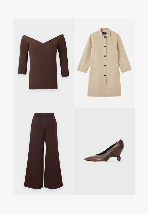 Beige wol coat met lange mouwen, knoopsluiting, één borstzak en twee zijzakken. Geraffineerde stof en ontwerp met ronde kraag.; Bruine geribbelde off-shoulder top met een V-hals, voorzien van driekwartmouwen en een getailleerde pasvorm. Zachte textuur overal.; Hoge taille, wijde bruine broek met knoop- en ritssluiting, riemlussen en voorplooien.; Bruine leren wedge pump met een spitse neus en een ronde, balvormige hak. Gladde textuur met een eenvoudig ontwerp en minimale accenten.