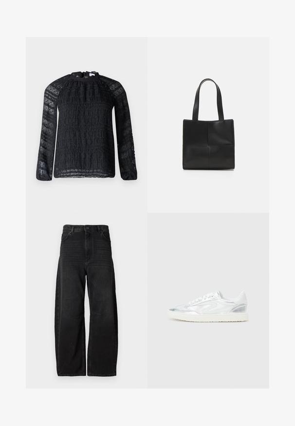 Beige wool coat with long sleeves, button closure, single chest pocket, and two side pockets. Textured fabric and round collar design.; Hofmann Copenhagen JOSEFINA - Blouse - black; Wide-leg black denim jeans made from sturdy fabric, featuring a high waist, large front pockets, and a clean, minimal stitch design.; White sneakers with metallic silver accents, smooth texture, round toe, flat sole, and traditional lace-up design.; Black leather tote bag with two handles, rectangular shape, smooth texture, and stitched panel design. No hardware or additional accents.