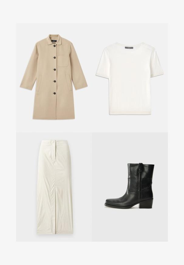 Palton bej din lână cu mâneci lungi, închidere cu nasturi, un buzunar la piept și două buzunare laterale. Material texturat și design cu guler rotund.; Top tricotat alb cu mânecă scurtă, cu decolteu rotund, având o textură netedă și accente subtile cu nervuri la mâneci și la margine.; Fustă de culoare bej deschis, până la genunchi, confecționată dintr-un material texturat, neted. Dispune de o fanta frontală și un sistem de închidere cu nasture la talie.; Botine din piele neagră, cu vârf rotund, toc pătrat, fermoar pe lateral și accente de cusături pe partea superioară. Textură netedă, design clasic.