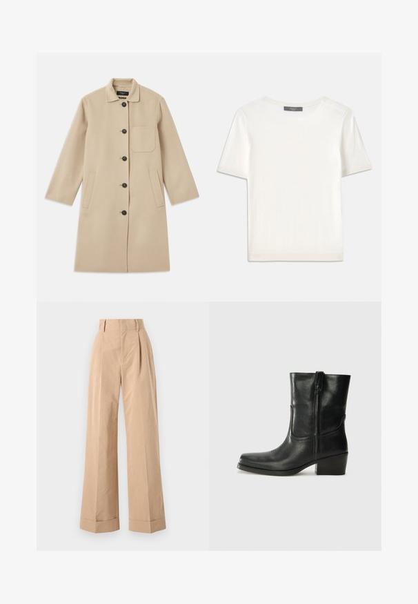 Bežna volnena plašč z dolgimi rokavi, zapiranje na gumb, en sprednji žep in dva stranska žepa. Teksturirana tkanina in okrogla ovratnika.; Bela kratka pletena majica s kratkimi rokavi in okroglim izrezom, ki ima gladko teksturo in subtilne rebrovane detajle na rokavih in robu.; Beige hlače širokega kroja z visokim pasom, ki imajo naborke in gladko teksturo. Robovi so prepognjeni, kar dodaja strukturirano podrobnost.; Črne usnjene gležnjarje z zaobljenim nosom, blok peto, stransko zadrgo in šivanjem na vampu. Gladka tekstura, klasična zasnova.