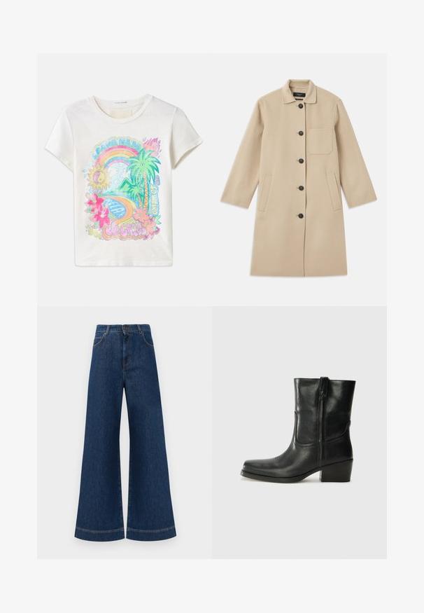 Beige ullkappa med långa ärmar, knappstängning, en bröstficka och två sidfickor. Strukturerad tyg och rund kragsdesign.; T-shirt i bomull med en creamfärgad bas som har en färgglad grafik av en sol, regnbåge, palmer och tropiska blommor. Kortärmad med rund halsringning.; Bredda blå denimjeans med hög midja, med knappstängning, bältesögglor och subtila sömdetaljer längs fickorna och fållarna.; Svart läderankelboot med rund tå, blockklack, sidodragkedja och sömmar på ovandelen. Slät textur, klassisk design.