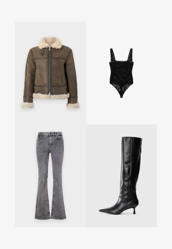 Barna bőrdzseki bolyhos, krémszínű gallérral és mandzsettákkal, elől cipzárral és két oldalsó zsebbel. Texturált felület részletekkel.; Fekete csipkés body virágmintával, széles pántokkal, texturált szegéllyel és patentos záródással az alján. Áttetsző anyag, aprólékos kidolgozással.; Fekete, omló szárú farmernadrág, amely kopott színű mosással készült, öt zsebettel, cipzáras résszel és kontrasztos varrással az öltéseknél.; Fekete bőr, térd fölé érő csizma hegyes orral és karcsú, ívelt sarokkal. Sima tapintás, testhez simuló kialakítás, és látható fémalkatrészek vagy minták nélkül.