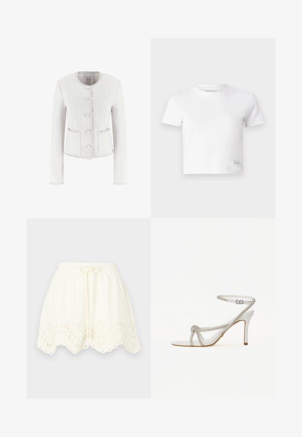 Biely priliehavý kabátik s okrúhlym výstrihom, piatimi gombíkmi a prešívaním pozdĺž okrajov a vreciek pre pridanie textúry.; Biely croptop vyrobený z hladkej bavlny, s vysokým výstrihom a krátkymi rukávmi. Malé vyšívané logo v dolnom rohu.; Biele bavlnené šortky s elastickým pásom a šnúrkou, zdobené kvetinovou výšivkou a volánovým lemom s výrezmi.; Biele sandále na vysokom opätku s textúrovaným pásikom zdobeným kamienkami, otvorenou špičkou a popruhom okolo členka s nastaviteľnou prackou.
