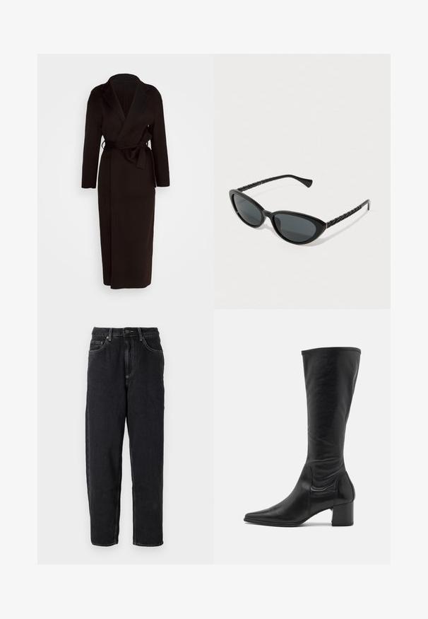 Čierny kabát z mäkkej textílie s šálovým golierom, dlhými rukávmi a opaskom na viazanie v oblasti pása. Dĺžka až po zem.; Burgundský sveter vyrobený z mäkkého, nadýchaného materiálu. Kulatý výstrih, rebrované manžety a lem. Voľný strih s minimálnymi švami, čo mu dodáva útulný vzhľad.; Biela krátkopsová tričko vyrobené z bavlny. Má okrúhly výstrih a voľný strih. Hladká textúra bez viditeľných vzorov alebo akcentov.; American Vintage YOPDAY - Džínsy voľného strihu - black vintage; Čierna kožená čižma po kolená s špicatou špičkou, minimálnym prešívaním a silným štvorcovým podpätkom. Hladký povrch s lesklým finišom.; Čierne mačacie okuliare so tmavo zafarbenými sklami, vybavené štruktúrovanými čiernymi stranami a jemným zlatým akcentom na ráme.