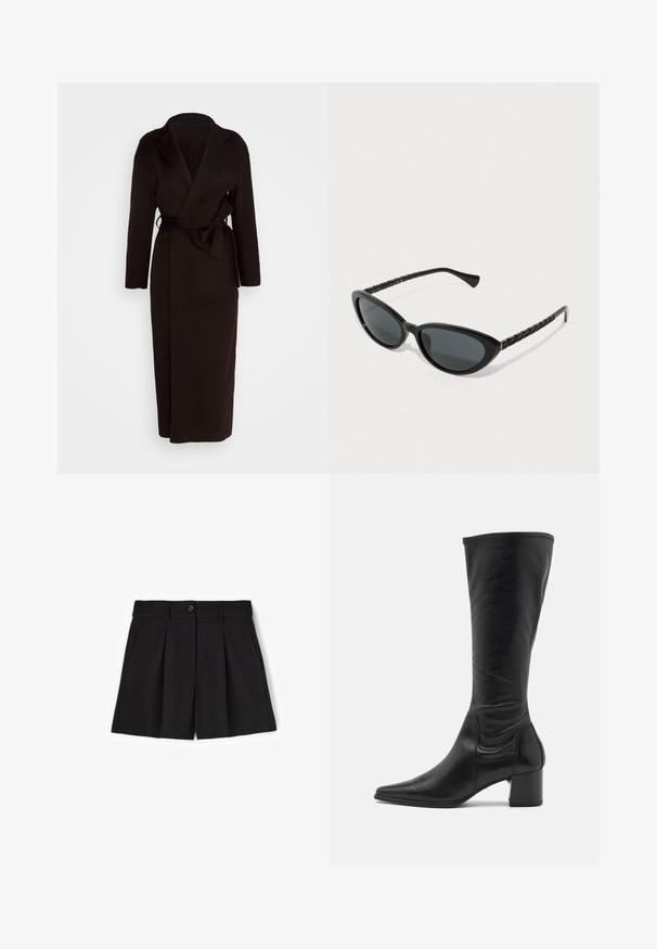 Cappotto nero avvolgente realizzato in tessuto morbido, con colletto sciallato, maniche lunghe e cintura da annodare in vita. Design lungo fino al pavimento.; Maglione bordeaux realizzato in morbido e soffice materiale. Collo a giro, polsini e orlo a costine. Vestibilità ampia con cuciture minime, per un aspetto accogliente.; Pantaloni corti neri su misura con design plissettato, chiusura con bottone e tasche laterali. Realizzati in un tessuto morbido, presentano un taglio classico.; Stivale in pelle nera alto fino al ginocchio con punta appuntita, dettagli di cucitura minimi e tacco quadrato chunky. Texture liscia con una finitura lucida.; Occhiali da sole a forma di gatto neri con lenti scure, caratterizzati da stanghette nere testurizzate e un sottile accento dorato sulla montatura.