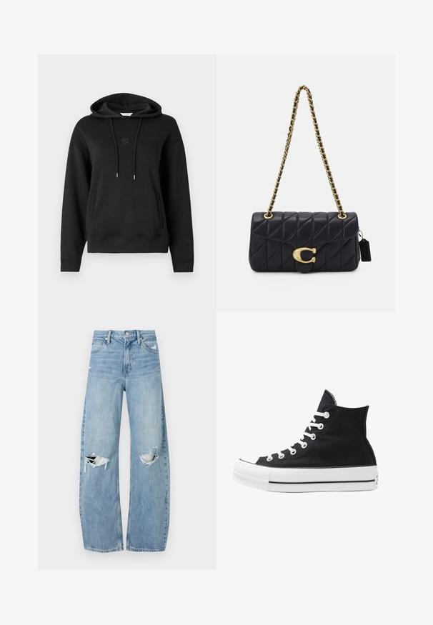 Tamno plavi traper jakna s ovratnikom, prednjim dugmetima za kopčanje, dva džepa na prsima, bočnim džepovima i kontrastnim šavovima.; Crna dukserica s kapuljačom izrađena od mekanog materijala, s prednjim džepom, vezicama i diskretnim logotipom izvezenim na prsima.; Bijela pamučna majica s opuštenim krojem, kratkim rukavima i okruglim izrezom. Ima suptilnu oznaku branda na izrezu.; Svijetloplave, visoko-strukirane traperice. Imaju široke nogavice, dva razderana područja na koljenima i klasičan stil s pet džepova.; Visoke crne platnene tenisice s bijelim rupama, vezicama i gumenim potplatom. Imaju teksturirani vrh i crno-bijele pruge kao ukrase.; Crna kvačasta torba s zlatnim lancem, s karakterističnim zlatnim kopčanjem i malom oznakom, koja prikazuje teksturiranu kožnu površinu.