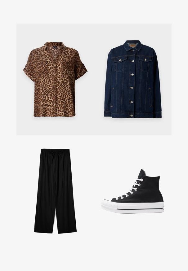 Jachetă din denim albastru închis, cu guler, închidere frontală cu nasturi, două buzunare pe piept, buzunare laterale și detalii de cusătură contrastante.; Bluză cu mânecă scurtă, cu nasturi, în imprimeu leopard, având o schemă de culori în nuanțe de maro deschis și negru, cu două buzunare la piept și o croială lejeră.; Pantaloni negri evazați dintr-un material ușor, cu un talie elastică și șnur pentru ajustarea dimensiunii. Textură netedă.; Tenisi negri înalți din pânză, cu ochiuri și sireturi albe, precum și talpă din cauciuc. Dispune de un capac texturat pentru degetul mare și accente în dungi alb-negru.