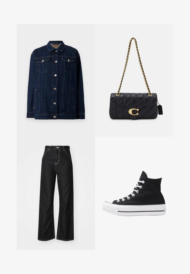 Ciemnoniebieska kurtka dżinsowa z kołnierzem, zapięciem na guziki z przodu, dwiema kieszeniami na piersi, kieszeniami bocznymi oraz kontrastowymi detalami w haftowaniu.; Biała bawełniana koszulka z luźnym krojem, krótkimi rękawami i okrągłym dekoltem. Posiada subtelną metkę marki przy dekolcie.; Czarne dżinsowe spodnie o szerokich nogawkach z kontrastowym białym szwem, wysokim stanem, pięcioma kieszeniami i zapięciem na guzik.; Czarny wysokopodbiciowy sneaker z płótna, z białymi oczkami, sznurówkami i gumową podeszwą. Posiada teksturowany czubek oraz czarno-białe paski.; Czarna pikowana torebka na ramię z złotym łańcuszkiem, z charakterystycznym złotym zapięciem i małym tagiem, prezentująca teksturowaną skórzaną powierzchnię.