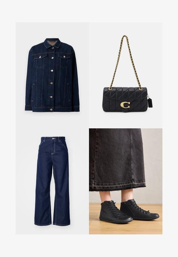 Tamno plavi traper jakna s ovratnikom, prednjim dugmetima za kopčanje, dva džepa na prsima, bočnim džepovima i kontrastnim šavovima.; Bijela majica kratkih rukava od pamuka. Ima okrugli izrez i opušteni kroj. Glatka tekstura bez vidljivih uzoraka ili naglasaka.; Široke traperice u tamnoplavom denimu, s visokim strukom, kontrastnim bijelim šavovima i klasičnim dizajnom s pet džepova.; Crne kožne visoke cipele s glatkom teksturom, s vezicama i bočnim patentnim zatvaračem. Nnosene s dugom crnom traper suknjom.; Crna kvačasta torba s zlatnim lancem, s karakterističnim zlatnim kopčanjem i malom oznakom, koja prikazuje teksturiranu kožnu površinu.