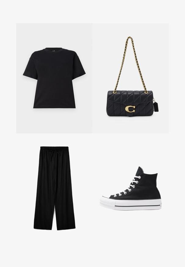 Dark blue denim jacket with a collar, front button closure, two chest pockets, side pockets, and contrasting stitching details.; Black short-sleeve t-shirt made of cotton. Features a round neckline, a relaxed fit, and a simple design without patterns or accents.; Black wide-leg pants made from lightweight fabric, featuring an elastic waistband with a drawstring for adjustable fit. Smooth texture.; High-top black canvas sneaker with white eyelets, laces, and rubber sole. Features a textured toe cap and black and white stripe accents.; Black quilted handbag with a gold chain strap, featuring a distinctive gold clasp and a small tag, showcasing a textured leather surface.