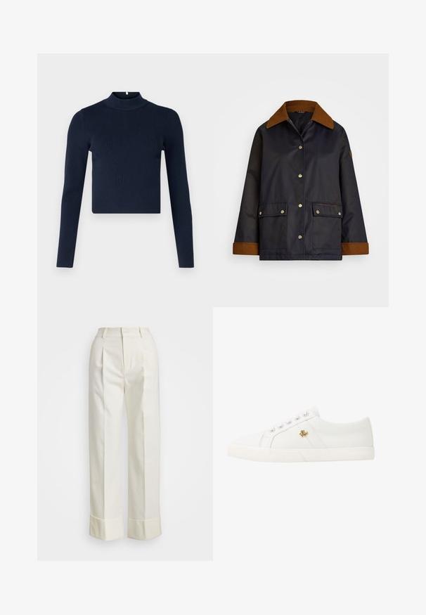 Marineblaue wasserdichte Jacke mit einem braunen Cordkragen, Druckknöpfen, zwei Fronttaschen und einem Logodetail auf der linken Tasche.; Navyblaues, geripptes Langarmoberteil mit hohem Kragen und cropped Design. Hergestellt aus strukturiertem Stoff im minimalistischen Stil.; Weiße maßgeschneiderte Hose mit hoher Taille, doppelten Vorderfalten und weiten Beinen mit umgeschlagenen Säumen. Hergestellt aus einem glatten, strukturierten Stoff.; Lauren Ralph Lauren JANSON II CANVAS SNEAKER - Sneaker low - optic white