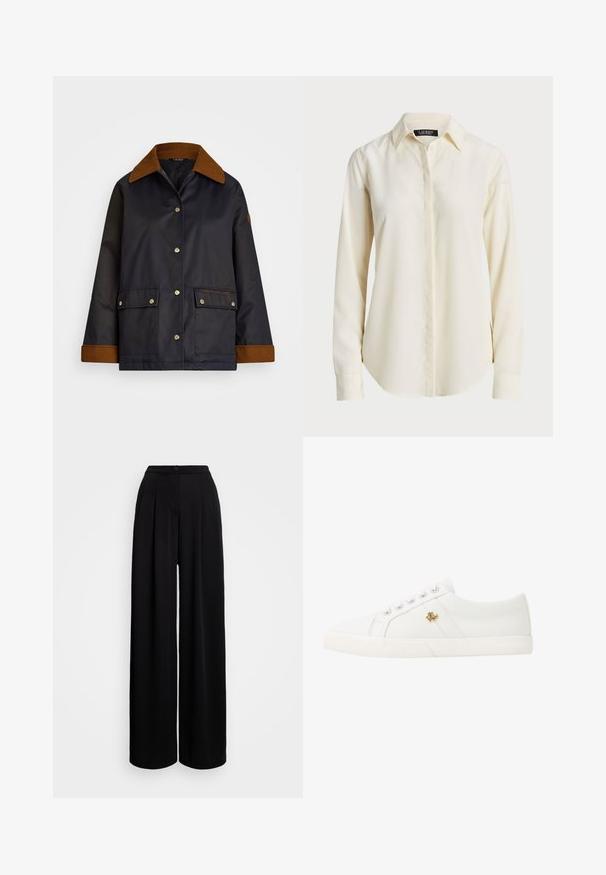 Jūrininkų nepralaidžiosios striukės, su rudų veliūro apykakle, spaustukų sagomis, dviem priekiniais kišenėmis ir logotipu kairėje kišenėje.; Šviesiai kreminės spalvos ilgarankovė marškinė su smailiu apykaklės dizainu, mygtukų užsegimu priekyje ir lygia tekstūra; turi apvalią apačią ir pritaikytą siluetą.; Juodos, plačios kojos kelnės su aukštu liemeniu, su priekine klostė, diržo kilpomis ir viena sagtele. Lygus audinys be raštų.; Lauren Ralph Lauren JANSON II CANVAS SNEAKER - Sportbačiai - optic white