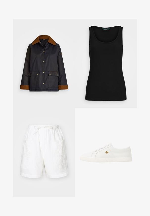 Navy waterproof jacket with a brown corduroy collar, snap buttons, two front pockets, and a logo detail on the left pocket.; Black ribbed tank top with a rounded neckline, fitted shape, and seamless edges. Fabric is soft and stretchy. Label reads "LAUREN."; White cotton shorts with an elastic waistband, drawstring, and two front pockets featuring intricate embroidery designs.; Lauren Ralph Lauren JANSON II CANVAS SNEAKER - Trainers - optic white