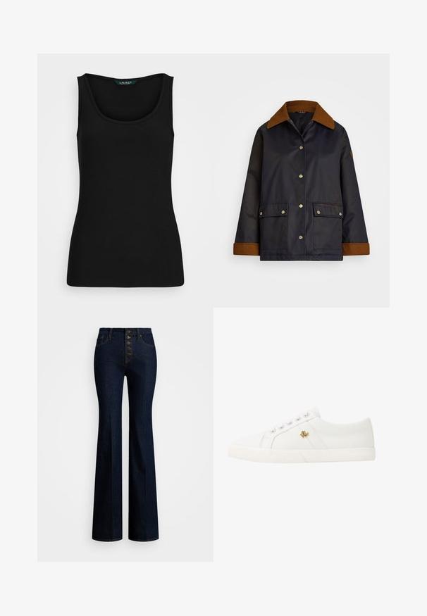 Navy waterproof jacket with a brown corduroy collar, snap buttons, two front pockets, and a logo detail on the left pocket.; Black ribbed tank top with a rounded neckline, fitted shape, and seamless edges. Fabric is soft and stretchy. Label reads "LAUREN."; High-waisted flare jeans in dark denim with five-button fly closure, contrasting yellow stitching, and a smooth texture.; Lauren Ralph Lauren JANSON II CANVAS SNEAKER - Trainers - optic white