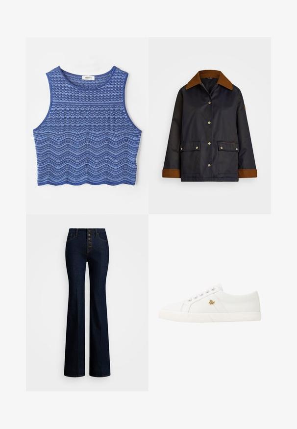 Mørkeblå vandtæt jakke med en brun kordfløjlskrave, trykknapper, to forlommer og et logo på venstre lomme.; Kort tanktop i nuancer af blå med teksturerede zigzag- og bølgemønstre, rund halsudskæring og afsluttet kant.; Høj talje flare jeans i mørk denim med fem-knaps lukning, kontrastfarvet gul syning og en glat tekstur.; Lauren Ralph Lauren JANSON II CANVAS SNEAKER - Sneakers - optic white