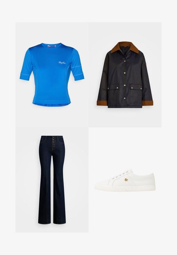 Jachetă impermeabilă de marină, cu guler de catifea maro, nasturi cu capse, două buzunare frontale și un detaliu logo pe buzunarul din stânga.; Tricou sport albastru din țesătură fină, cu mâneci scurte, decolteu rotund și cusături contrastante. Logo-ul „Rapha.” pe partea din față.; Jeans cu talie înaltă, cu pantaloni evazați din denim închis, cu închidere prin cinci butoane, cusături galbene contrastante și o textură netedă.; Lauren Ralph Lauren JANSON II CANVAS SNEAKER - Sneakers low - optic white