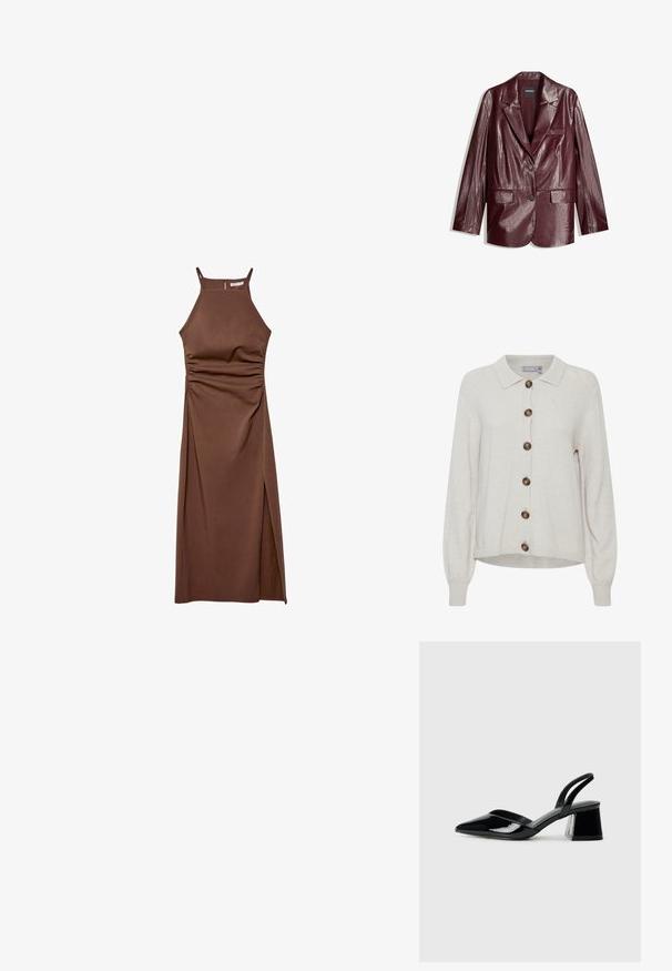 Burgunderfarbene Kunstleder-Blazer mit einer glatten Textur, Ein-Knopf-Verschluss, scharfen Revers und zwei Vorderentaschen.; Beige gestrickte Strickjacke mit Kragen, großen braunen Knöpfen und gerippten Bündchen, die ein weiches und strukturiertes Aussehen vermitteln.; Stradivarius HALTER - Etuikleid - dark brown; Schwarze Lackleder-Slingback-High Heels mit spitzem Schuh und einem geometrischen Blockabsatz. Verfügt über ein schlankes, minimalistisches Design und eine glatte Textur.; Bershka WITH CHAIN - Handtasche - black