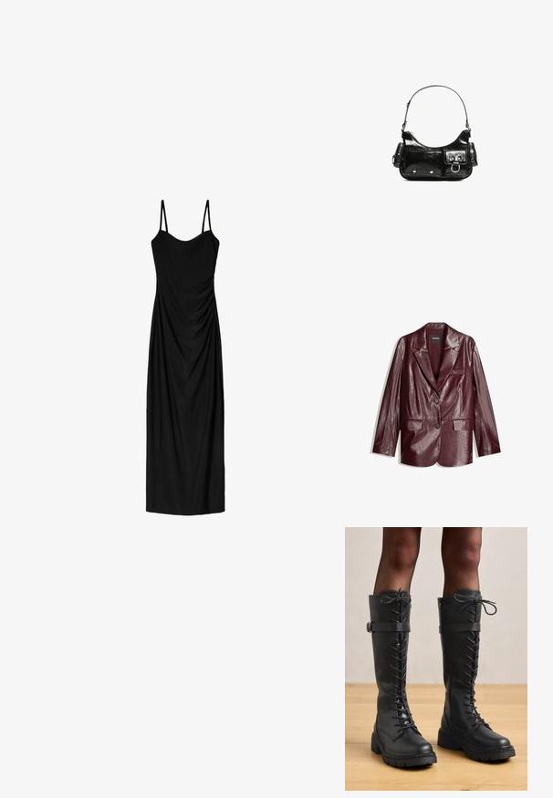 Burgundská umelá kožená sako s hladkým povrchom, zapínanie na jeden gombík, ostré chlopne a dve predné vrecká.; Čierne midi šaty s tenkými nastaviteľnými ramienkami, s prekrývajúcim sa dizajnom a hladkou textúrou. Žiadne viditeľné vzory ani zdobenie.; Vysoké čierne kožené šnurovacie čižmy s dizajnom po kolená, okrúhlou špičkou, hrubou textúrovanou podrážkou a dekoračným bočným pásikom a hardvérovými detailami.; Čierna laková kožená kabelka s ohnutým tvarom, jedným ramenným popruhom, prednými vreckami a striebornými kovovými doplnkami.