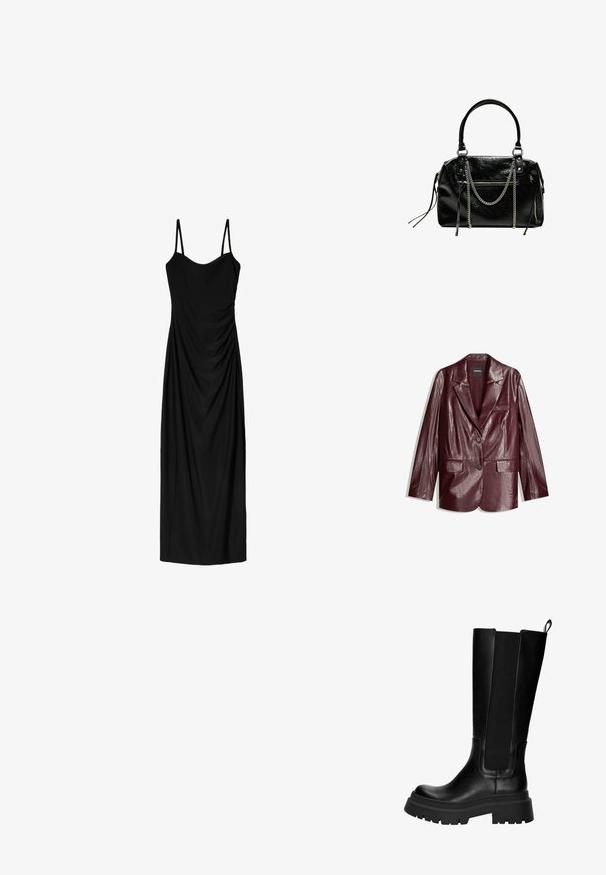 Burgundowa marynarka z ekoskóry o gładkiej teksturze, z pojedynczym zapięciem na guzik, ostrymi klapami i dwoma przednimi kieszeniami.; Czarna midi sukienka z cienkimi regulowanymi ramiączkami, z drapowaną formą i gładką teksturą. Brak widocznych wzorów lub ozdób.; Czarne skórzane kozaki do kolan z elastycznymi panelami bocznymi, solidną gumową podeszwą i masywnym obcasem. Gładka tekstura z minimalnymi detalami szwów.; Bershka - Torebka