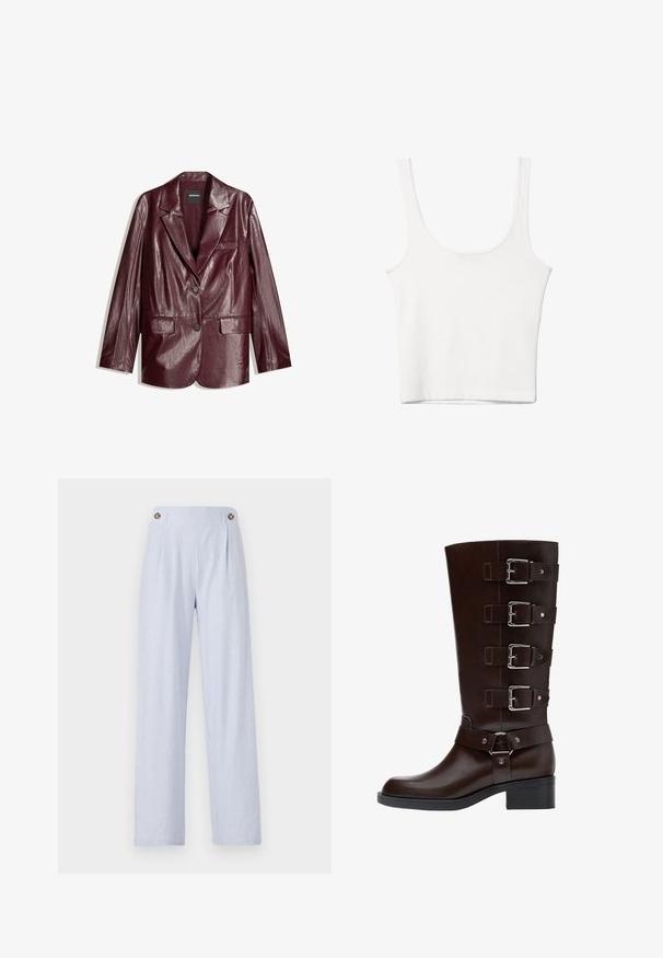 Burgunderfarbene Kunstleder-Blazer mit einer glatten Textur, Ein-Knopf-Verschluss, scharfen Revers und zwei Vorderentaschen.; Weißes Baumwoll-Top mit Rundhalsausschnitt, ohne Ärmel und figurbetontem Schnitt. Glatte Textur, schlichtes Design und minimale Nähdetails.; Helle, blau gestreifte Hosen mit weitem Bein, die zwei auffällige Knöpfe am Bund und eine weiche Stofftextur aufweisen.; Dunkelbraune Lederstiefel bis zum Knie mit rundem Zeh, vier verstellbaren Schnallenriemen und Blockabsatz, die über glatte und strukturierte Oberflächen verfügen.